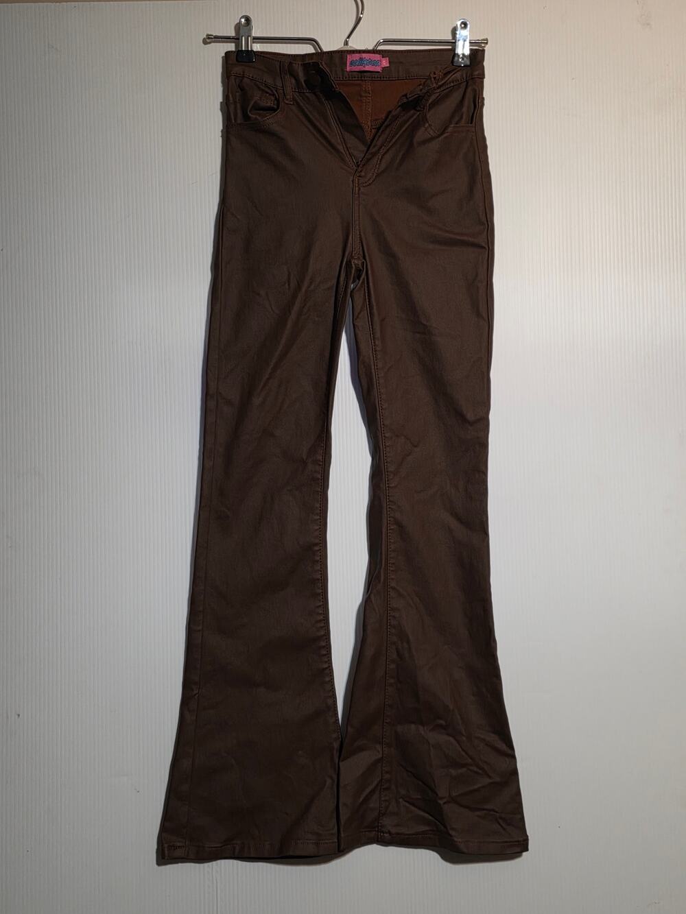 Edikted Brown Waxed Coated Flare Pants Size XS High Rise Stretch Y2K Streetwear